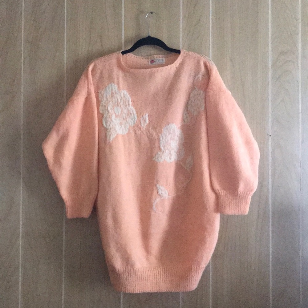Handmade Women's XL Peach Floral Knit Oversized Long Pullover Sweater